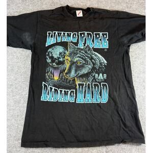 Vintage 90s Motorcycle Shirt Mens Large Black Graphic Wolf Riding Hard Grunge